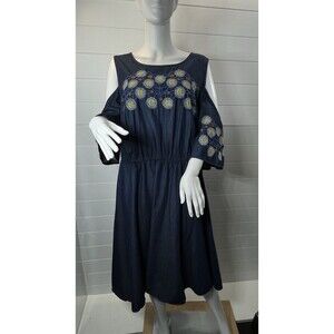 Eloquii Midi Dress Womens Sz 20 Embroidered Denim Cold Shoulder Cutout Boho*FLAW